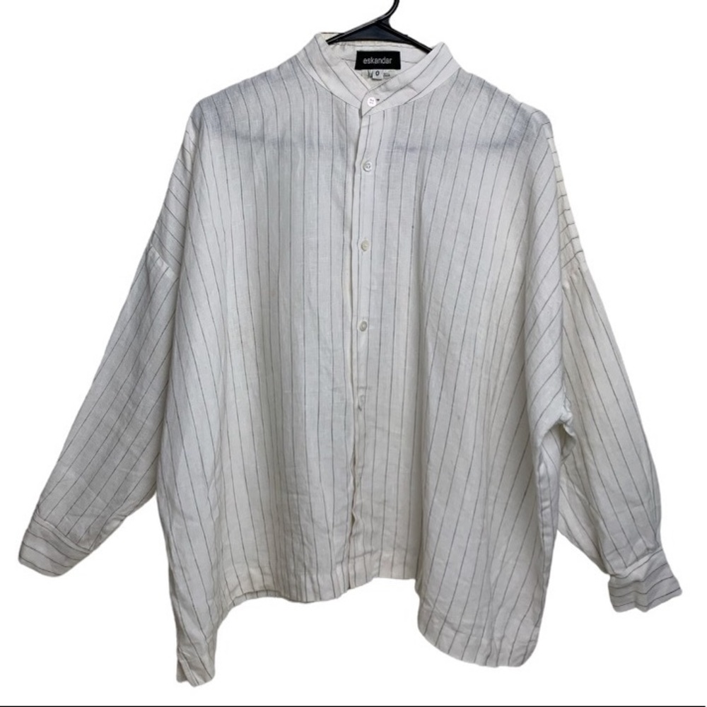 Eskandar Top Women Shirt Size 0 White Pinstripe Linen Tunic Button Up Vintage